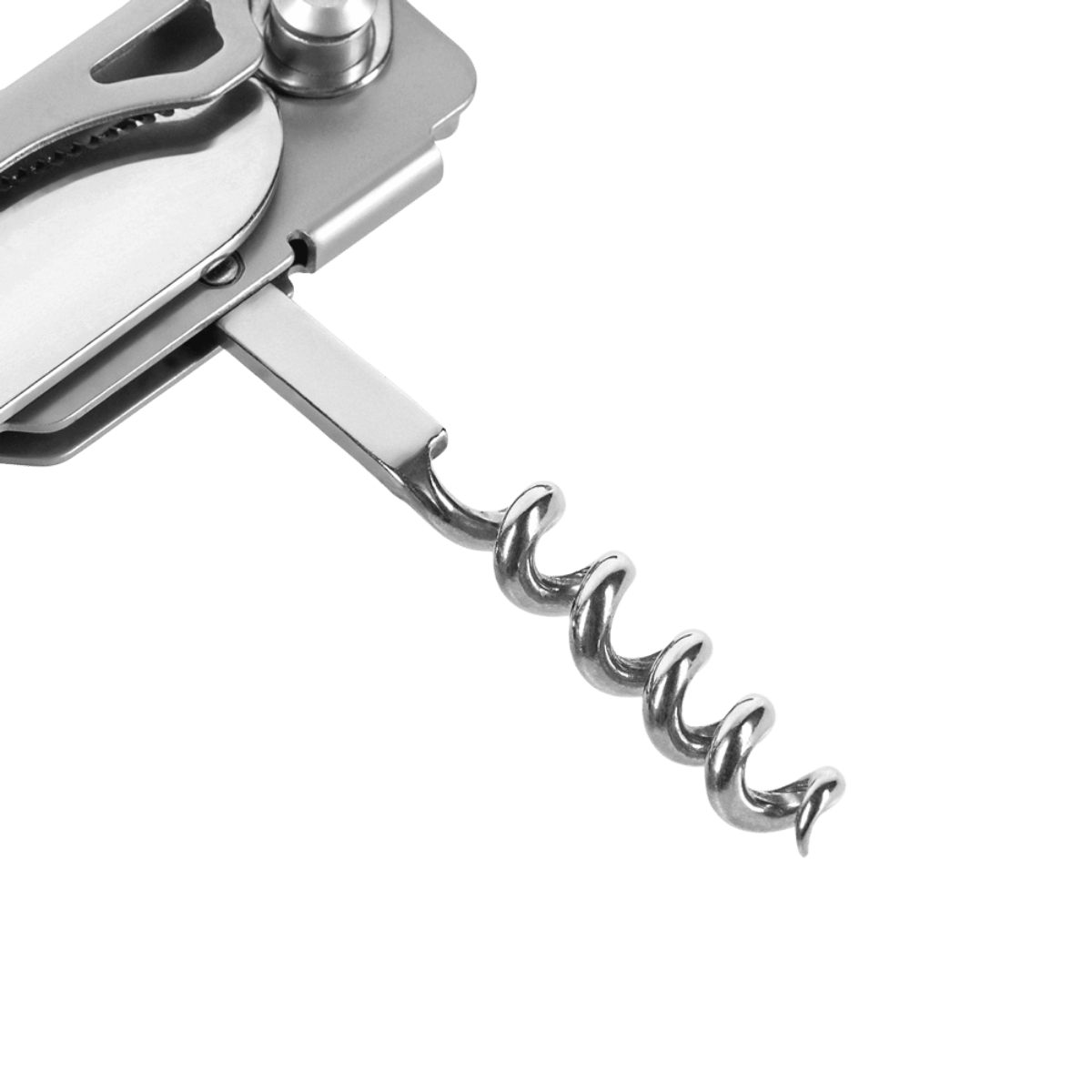 Rustfrit stål proptrækker og multitool til udendørs aktiviteter og camping.