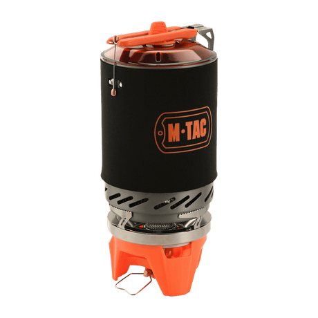 M-Tac Gasbrännare med kittel för utomhusmatlagning - kompakt och platsbesparande design med piezo-tändare och gasregulator.