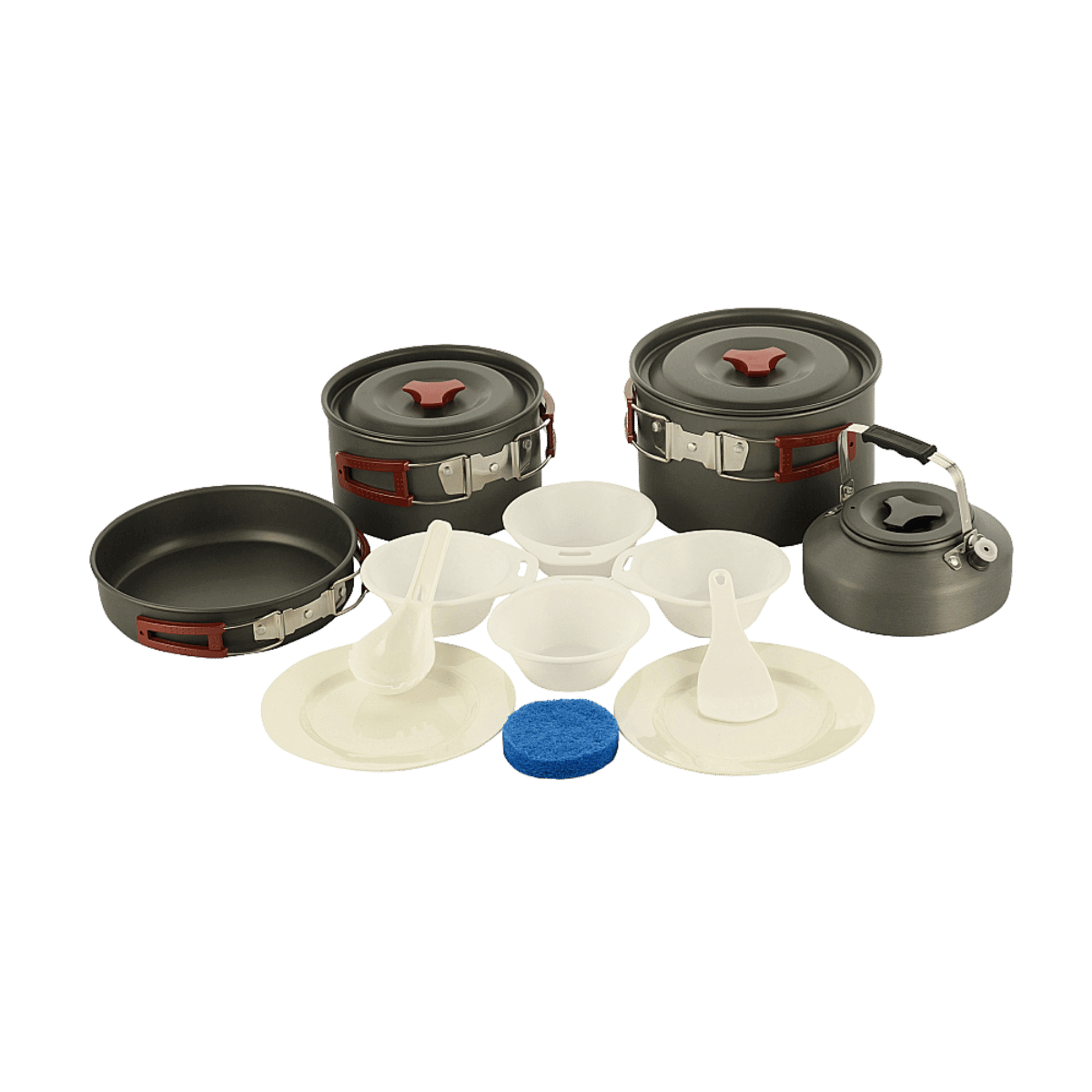 M-Tac Kogegrejsæt til 4-5 personer med gryder, pande, kedel, tallerkener, skåle og serveringsredskaber i anodiseret aluminium.