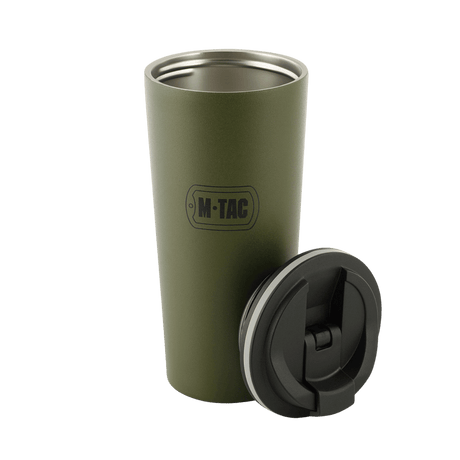 M-Tac Termokopp 450 ml med ventil i rostfritt stål, öppen med lock bredvid, designad för att hålla drycker varma eller kalla.