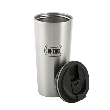 M-Tac Termokopp 450 ml med ventil i rostfritt stål med avtagbart lock, idealisk för varma och kalla drycker.