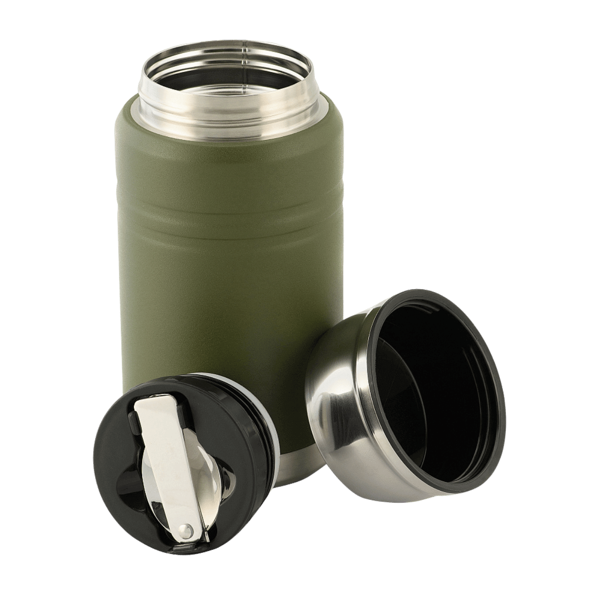 M-Tac Termoflaske 750 ml med Folde-ske, robust rustfrit stål flaske til varme drikke, inkluderer praktisk foldeske, perfekt til outdoor brug