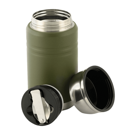 M-Tac termosflaska 750 ml med hopfällbar sked, robust design, idealisk för camping och vandring. Dubbla väggar i rostfritt stål för långvarig värme.