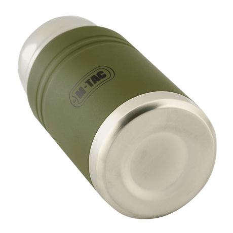 M-Tac termosflaska 750 ml med hopfällbar sked i rostfritt stål, sedd underifrån, idealisk för camping, med modern design.