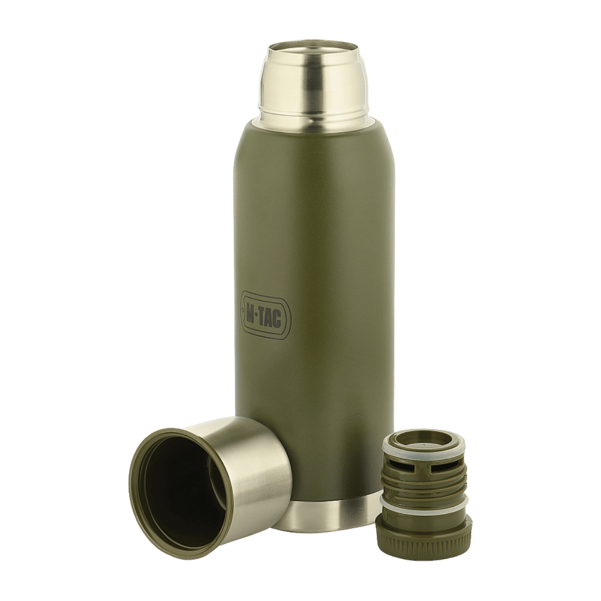 M-Tac Termoflaske Type 2 – 1 L i rustfrit stål med bred hals, olivengrøn farve, perfekt til varme og kolde drikke. Ideel til udendørs brug.