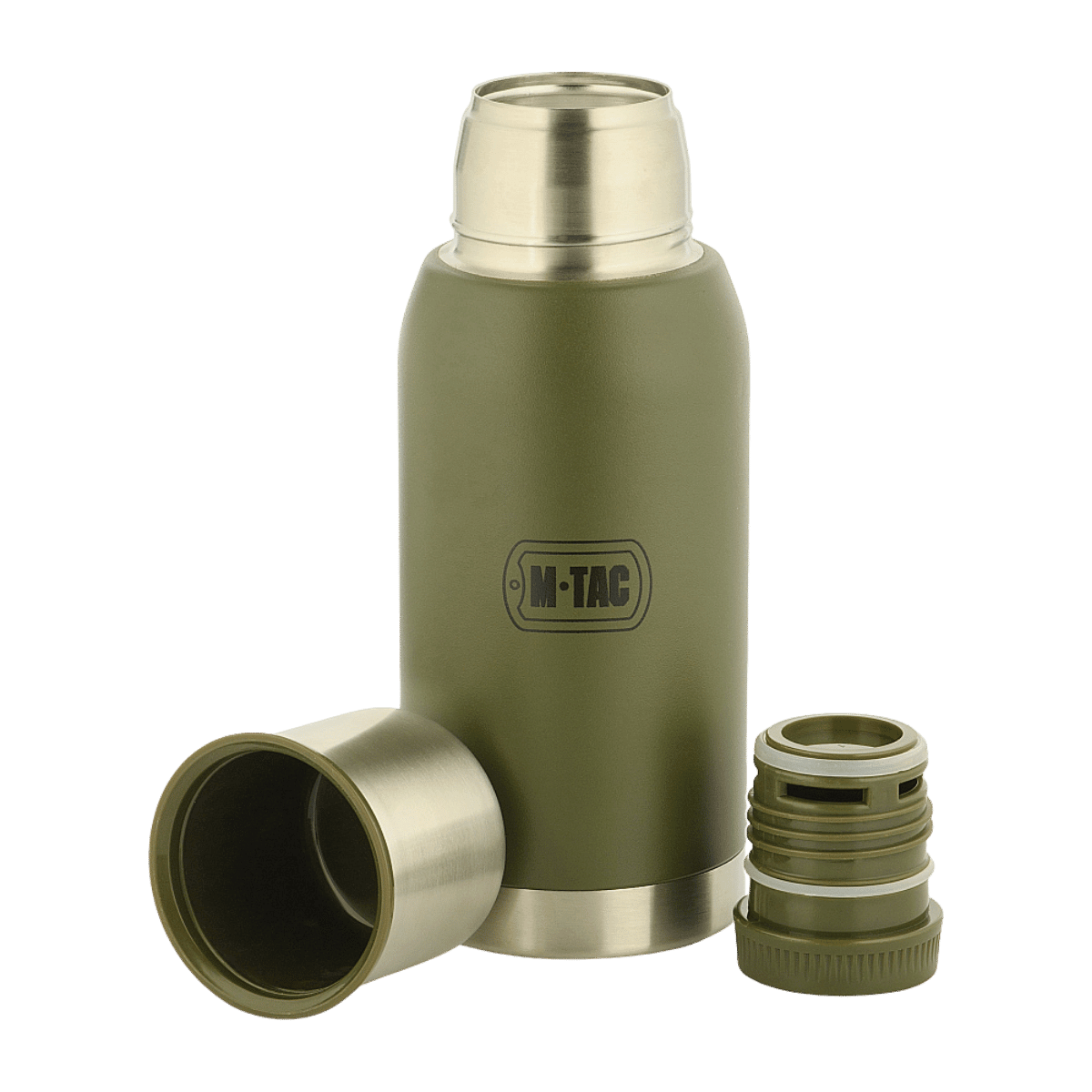 M-Tac Termoflaske Type 2 – 0,75 L i olivengrøn, perfekt til camping og rejser, dobbeltvægget vakuumflaske med vakuumforseglet låg