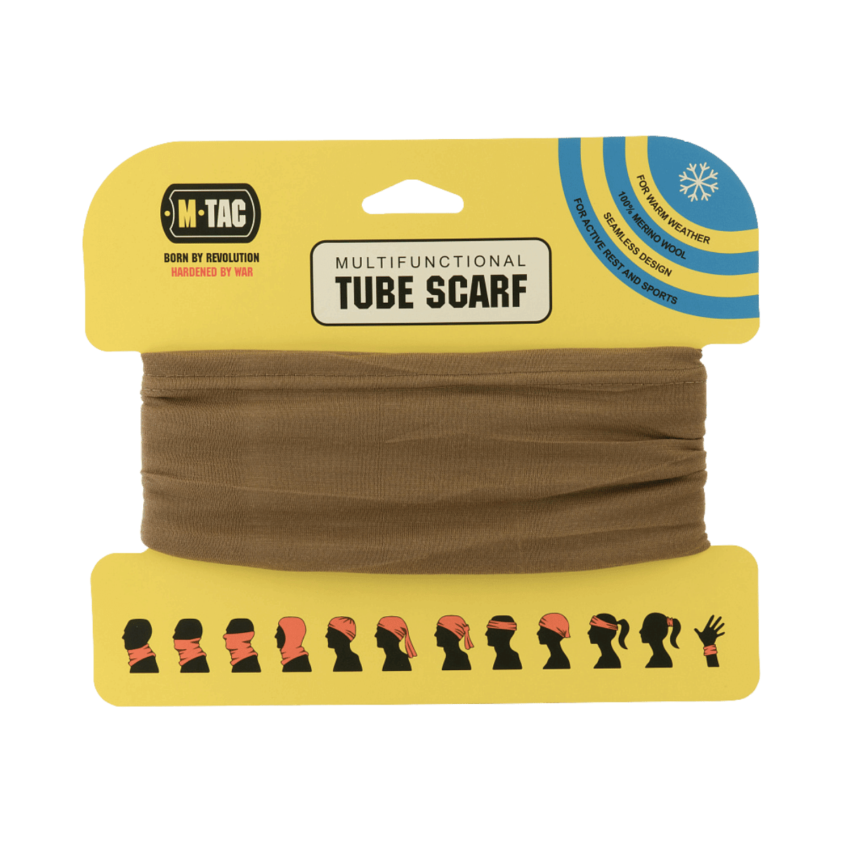 M-Tac Tubehalstørklæde i Merinould, multifunktionelt, 100% australsk merinould, isolering og fugttransport, brun farve, emballage.