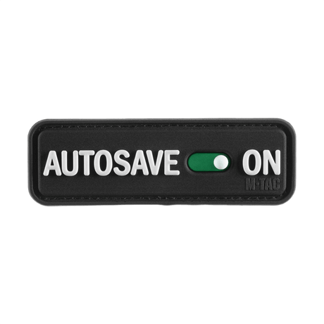 M-Tac Patch Autosave PVC med 3D-design och velcro-baksida, svart rektangel med 'Autosave On'-text, lämplig för taktisk utrustning.