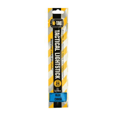 M-Tac Glow Stick 15 cm i förpackning, blå färg, självständig ljuskälla utan elektricitet, säker och giftfri, varar upp till 24 timmar.