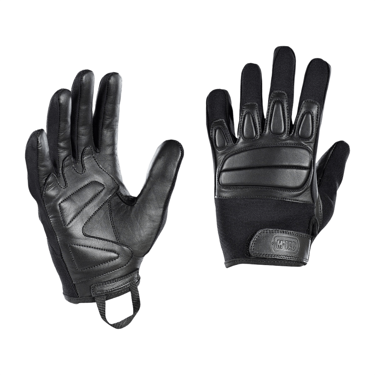 M-Tac Handsker Assault Tactical Mk.2 i sort læder med støddæmpende inserts og justerbar velcro for optimal beskyttelse og pasform.