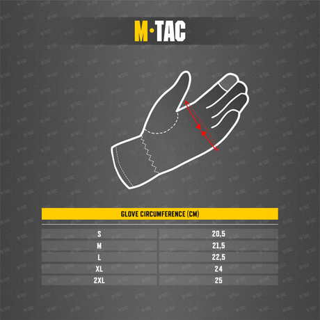 M-Tac Handsker A30 størrelsesguide med håndomkreds i centimeter for præcist valg.