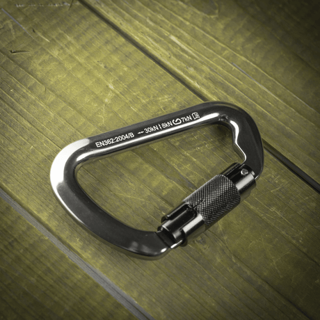 M-Tac Key-Lock Karabinhage i aluminium til klatring og sikkerhed, længde 110 mm, belastning op til 30 kN, CE EN362 standard.