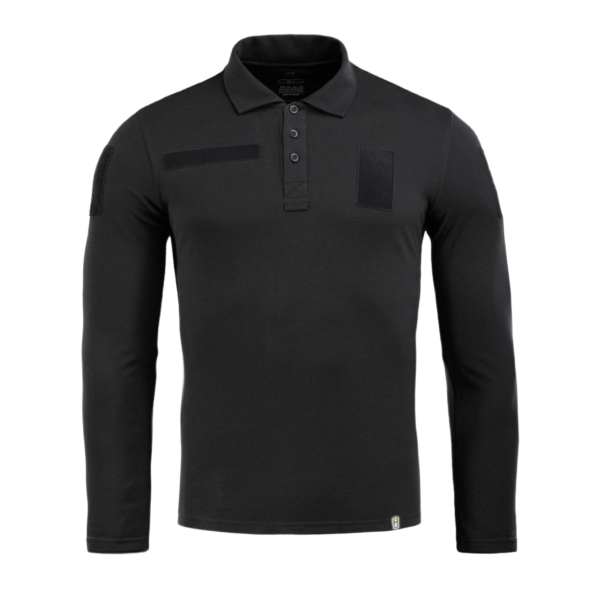 M-Tac Tactical Polo Shirt Langærmet 65/35 i sort, designet til politi- og sikkerhedsarbejde med velcro-paneler, langærmet for ekstra beskyttelse.