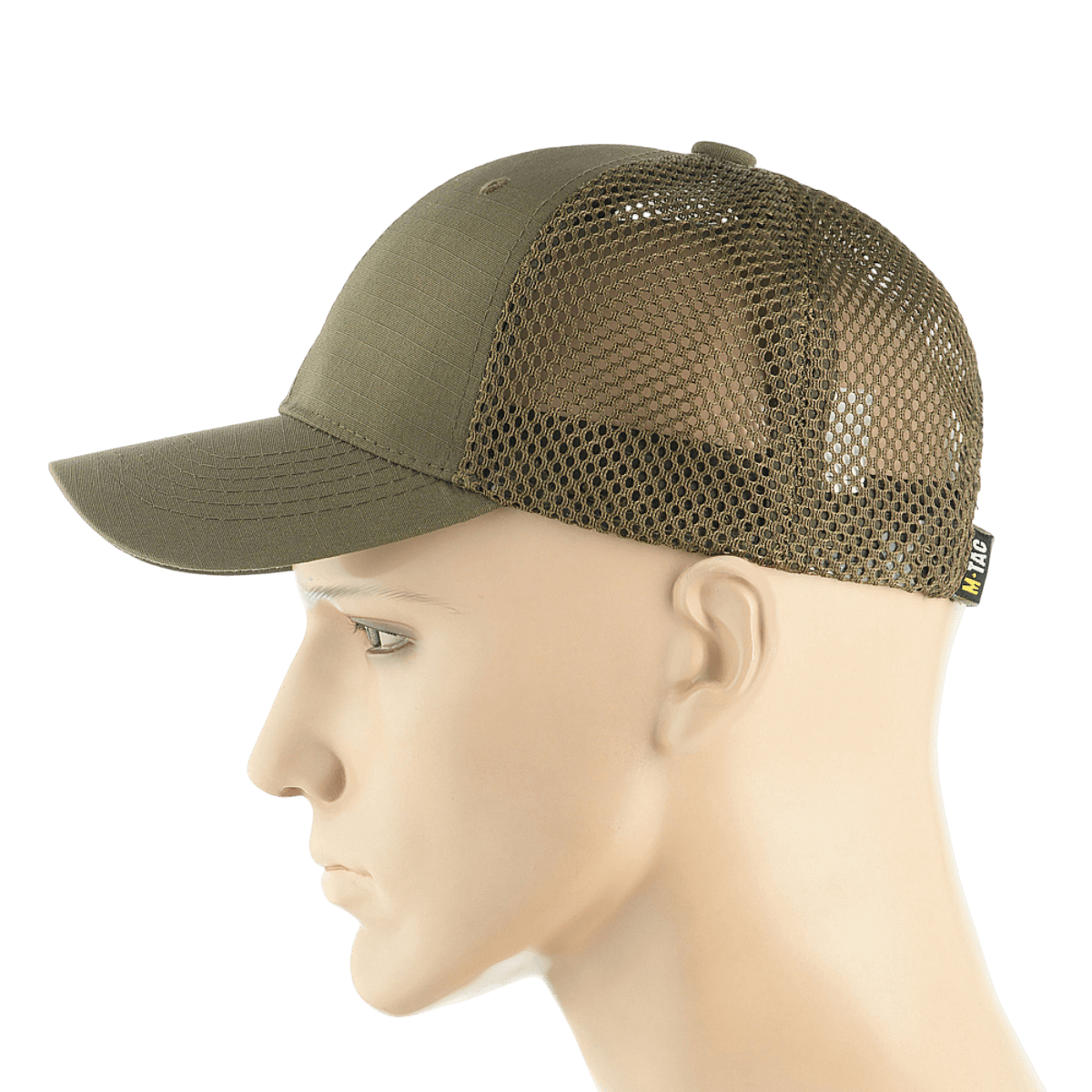 M-Tac Mesh Flex Ripstop Baseball Cap i olivengrøn med åndbare mesh-paneler set fra siden, ideel til udendørs brug og maksimal komfort.