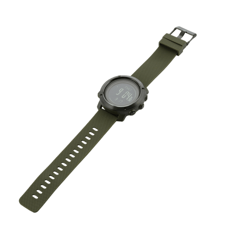 M‑Tac Multifunktionellt Taktiskt ur med grön rem och avancerade funktioner som altimeter och barometer, idealiskt för friluftsliv