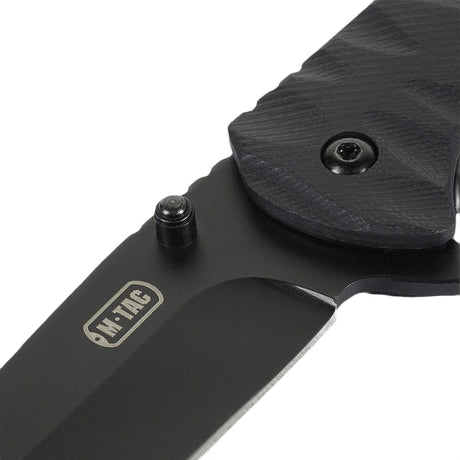 M-Tac Outdoor & Militär fällkniv - Type 4 med klinga i kromat rostfritt stål och G10-komposithandtag, svart design och hållbart material.