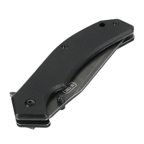 M-Tac Outdoor & Militär fällkniv - Typ 8, hopfälld och redo att bära, visar det ergonomiska svarta handtaget med en Clip Point-formad klinga.