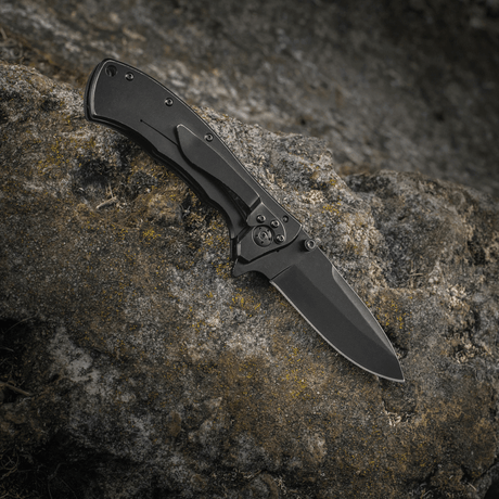 M-Tac Outdoor & Militär fällkniv - Type 7, lättvikts fällkniv med kromat rostfritt stålblad och svart beläggning, taktisk design.