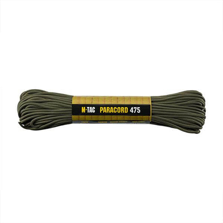 M-TAC Paracord 475 i olivgrön, 100% nylon, 15 m lång, idealisk för outdooraktiviteter och läger, hög dragstyrka, lätt design.