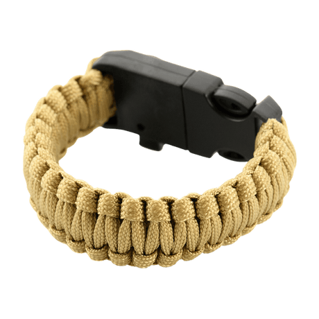 M-Tac Paracord-armband med tändstål, kompass och visselpipa i beige, ett överlevnadsarmband för friluftsliv i militärstil.