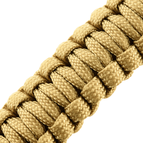 M-Tac Paracord-armband med tändstål, kompass och visselpipa i guldfärg, idealiskt för utomhusöverlevnad och militärstil.