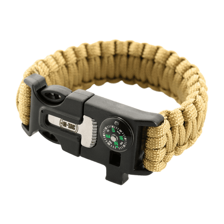 M-Tac Paracord-armband med tändstål, kompass och visselpipa, perfekt för överlevnad och friluftsliv, robust och praktisk design.