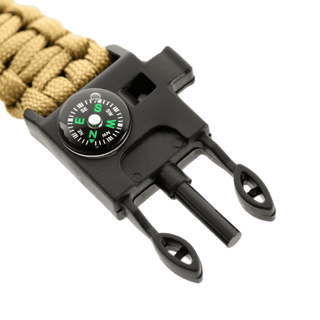 M-Tac Paracord-armband med tändstål, kompass och visselpipa i beige med svart spänne och kompassdetalj.