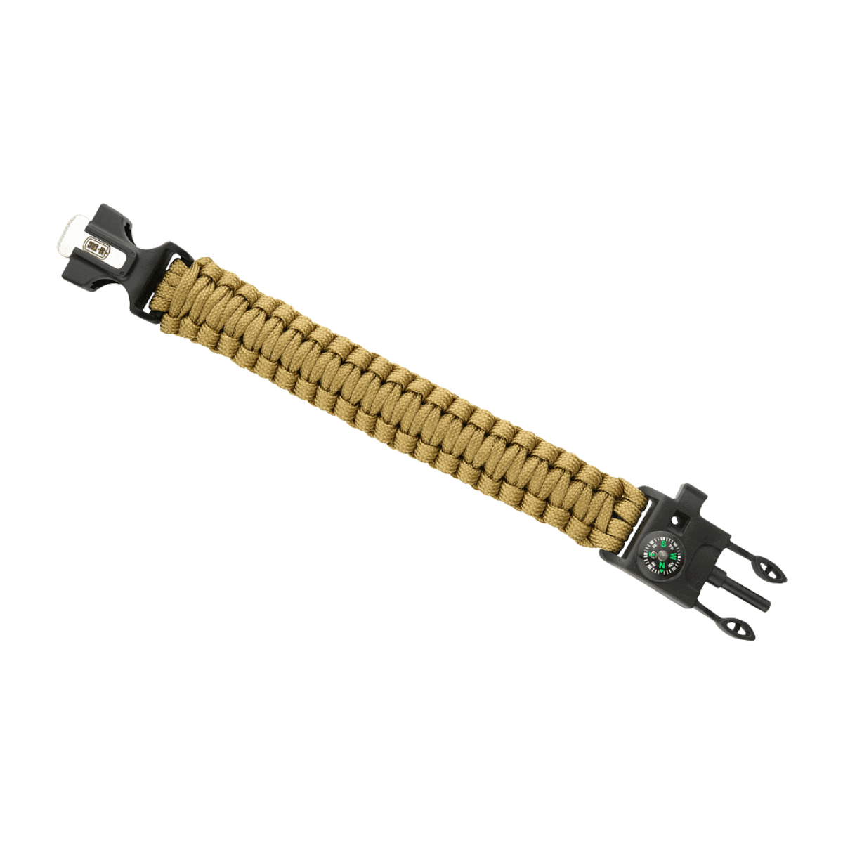 M-Tac Paracord Armbånd med Ildstarter, Kompas og Fløjte i olivengrøn, perfekt til overlevelse og friluftsaktiviteter.