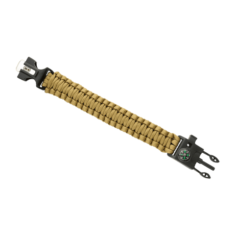 M-Tac Paracord-armband med tändstål, kompass och visselpipa i olivgrönt, perfekt för överlevnad och friluftsaktiviteter.