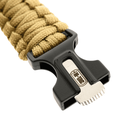 M-Tac Paracord-armband med tändstål, kompass och visselpipa, beige rep och spänne, detaljvy.