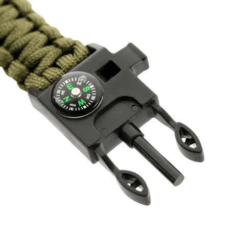 M-Tac Paracord-armband med tändstål, kompass och visselpipa i grönt med nyckelfunktioner, perfekt för friluftsliv och överlevnad.