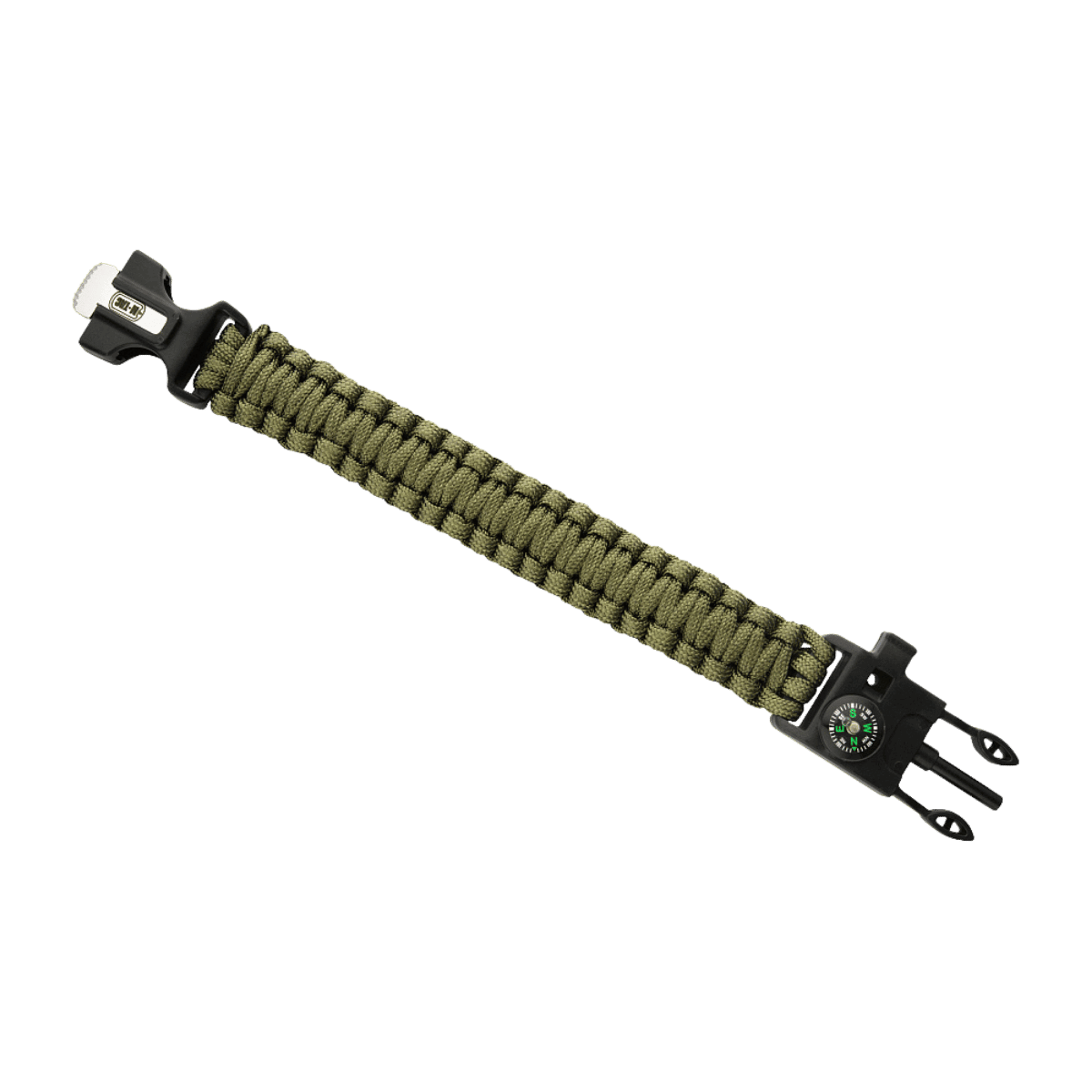M-Tac Paracord Armbånd med Ildstarter, Kompas og Fløjte i grøn farve, velegnet til overlevelse og outdoor eventyr.