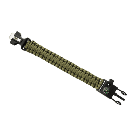 M-Tac Paracord-armband med tändstål, kompass och visselpipa i grönt, lämpligt för överlevnad och outdoor-äventyr.