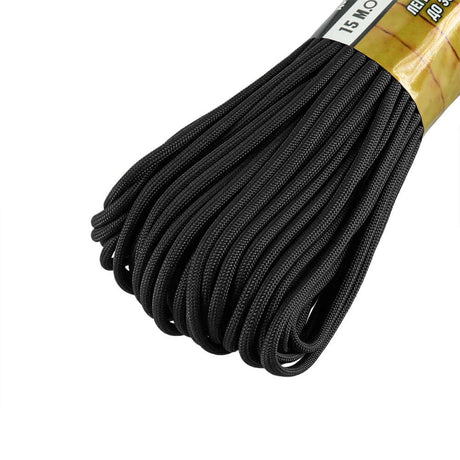 Svart M-TAC Paracord 475, 15 meter nylonrep, robust och slitstarkt, idealiskt för outdooraktiviteter och camping.