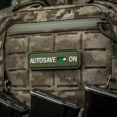 M-Tac Patch Autosave PVC på militär ryggsäck med velcro, 8x2,5 cm, fullfärg-3D, lämplig för kläder eller taktisk utrustning.