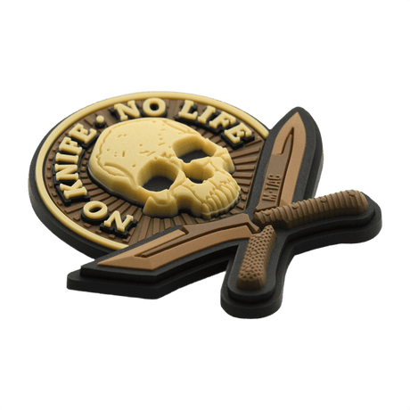 M-Tac Patch No Knife – No Life 3D PVC med kniv och skalle, Velcro på baksidan för fäste, taktisk morale-patch. Storlek 50x50 mm.