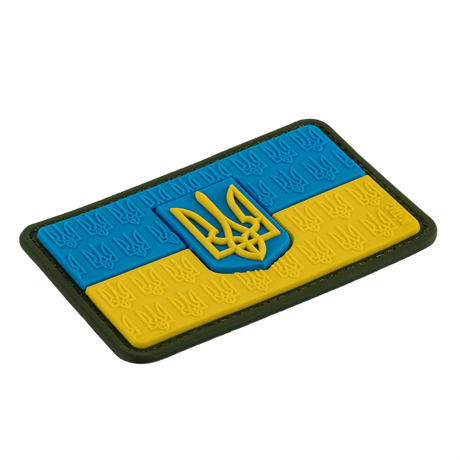M-Tac Patch Ukraine Flag med vapensköld i PVC med blå och gula färger och 3D Trident, lämplig för kläder och utrustning, dimensioner: 8 x 5 cm.