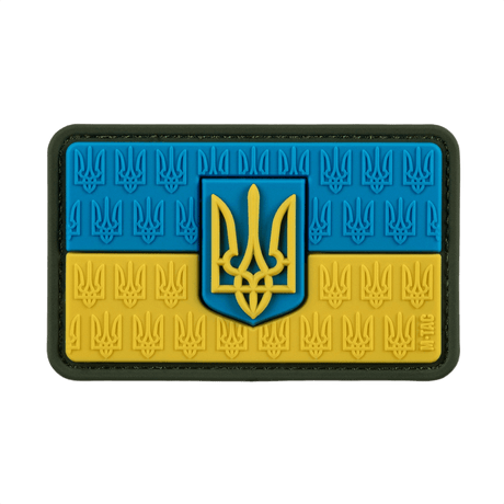 M-Tac Patch Ukraine Flag med vapensköld med Trident-design, PVC-konstruktion, 8x5 cm, velcro-baksida, hållbar i Cordura 500D, patriotisk stil.