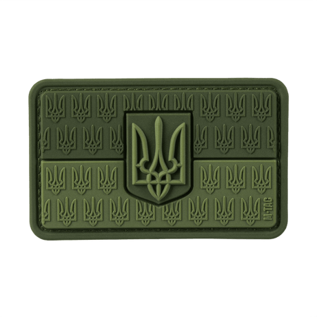 M-Tac Patch Ukraine Flag med vapensköld i PVC med 3D-relief och Trident på grön bakgrund, lämplig för kläder eller utrustning.