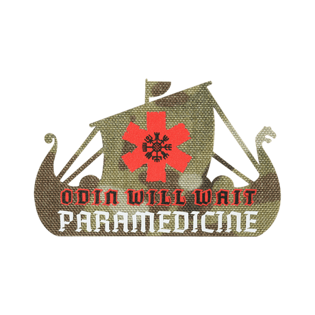 M-Tac Patch Viking Evac med texten 'Odin Will Wait' och paramedicsymbol i rött och vitt. Passar för taktisk användning.