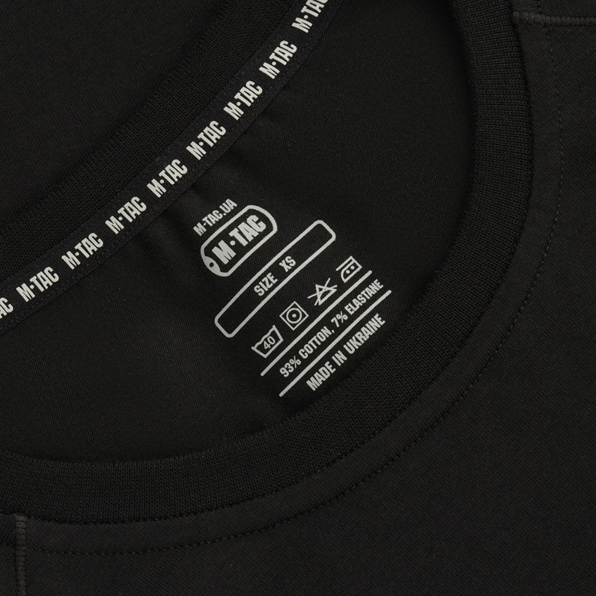 M-Tac Raglan T-Shirt 93/7, sort, 93% bomuld, 7% elastan, XS, detaljeret kraveetiket, lavet i Ukraine