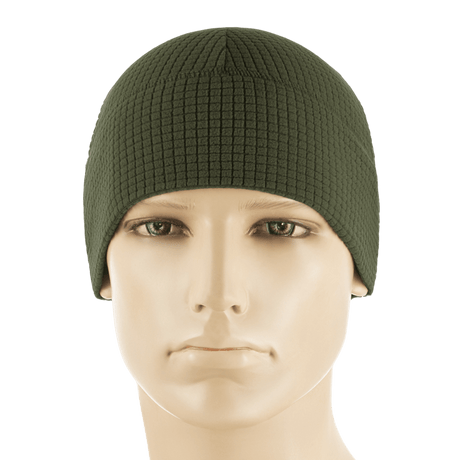 M-Tac Rip-Stop Fleece Hjelmliner i olivengrøn, bæres af mannequin, letvægts og varm hjelmliner ideel til koldt vejr