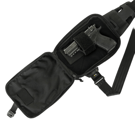 M-Tac Sling pistolväska Elite Hex med Velcro i svart, öppen för att visa placerad pistol, i slitstarkt Cordura 1000D och Cordura Hex.
