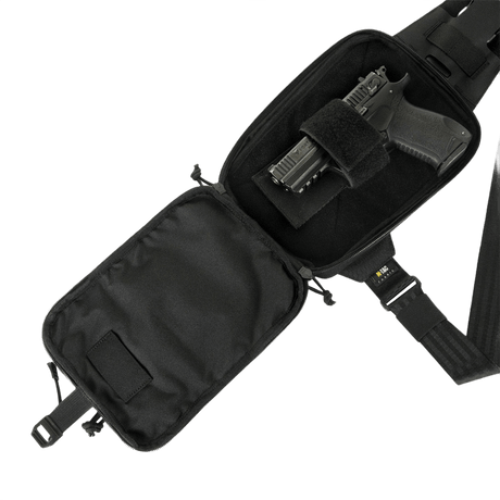 M-Tac Sling Pistolväska Elite Hex med Velcro öppnad med pistol inuti, justerbar axelrem och robust material.