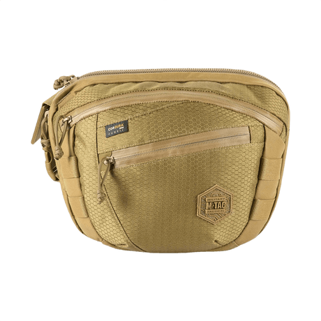 M-Tac Sphaera Hex Hardsling Bag Large Elite i sandfärgad med hexagonmönster och dragkedjefack fram, idealisk för utomhusaktiviteter.