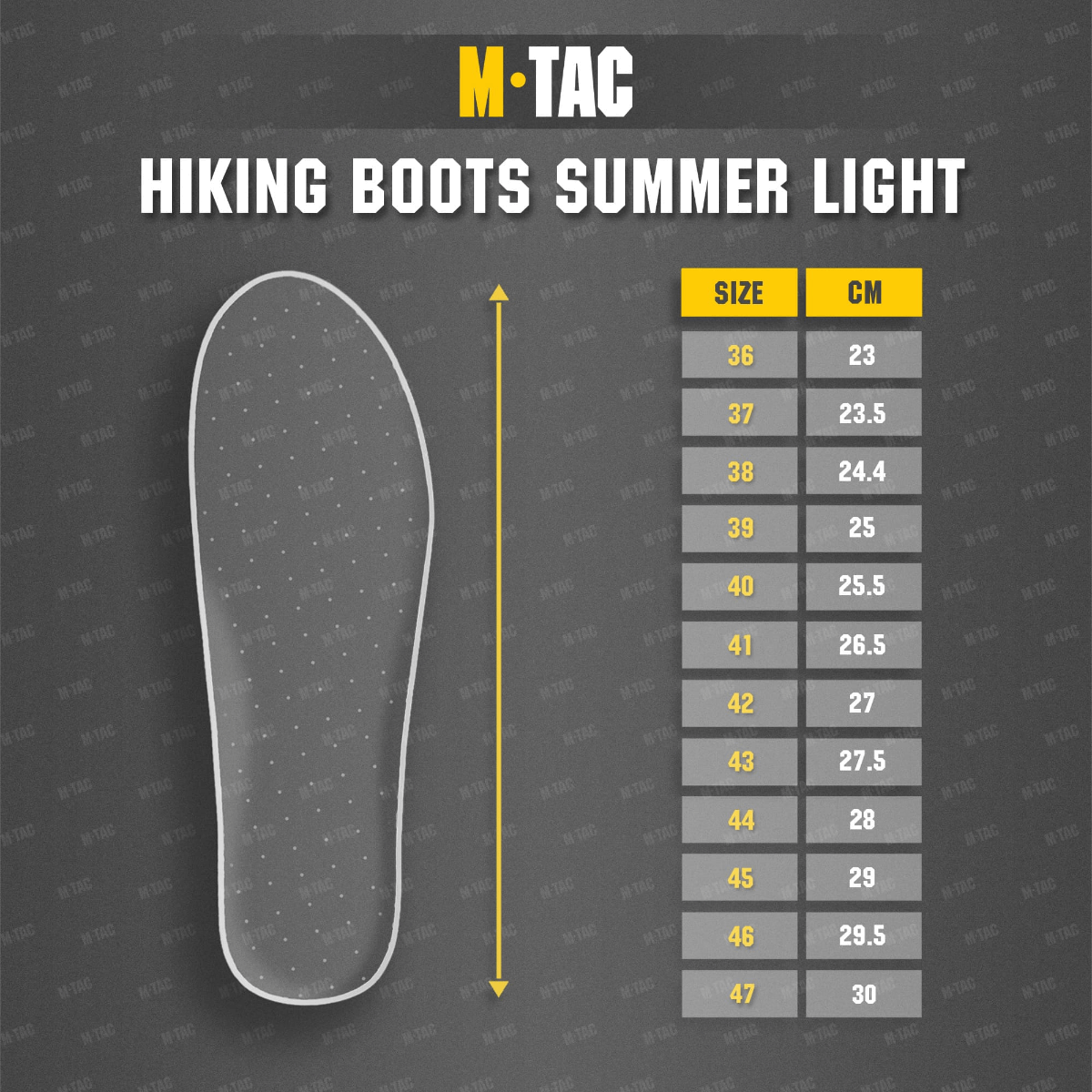 M-Tac Summer Light Sneakers størrelsesguide og sålvisning, designet til sommerbrug med komfort og holdbarhed.