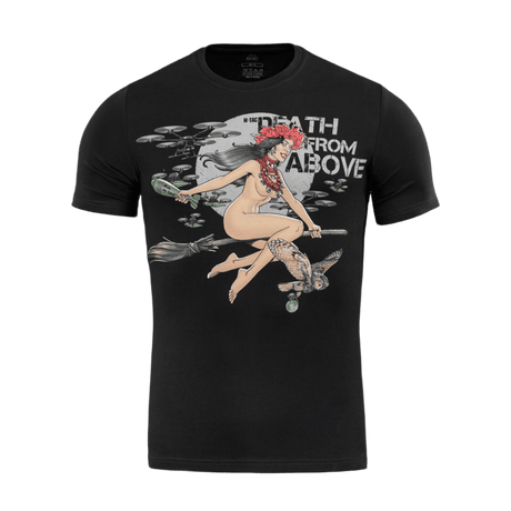 M-Tac T-Shirt Death From Above med hekse- og droneprint, sort design kombinerer ukrainsk folklore og militært tema, MagnaColours® blæk.