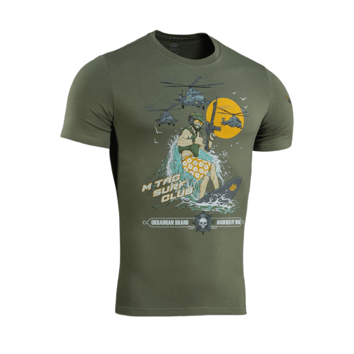 M-Tac T-Shirt Surf Club med specialstyrkesoldatdesign, inspireret af ukrainske operationer og surfscener. Lavet af 93% bomuld, 7% elastan.