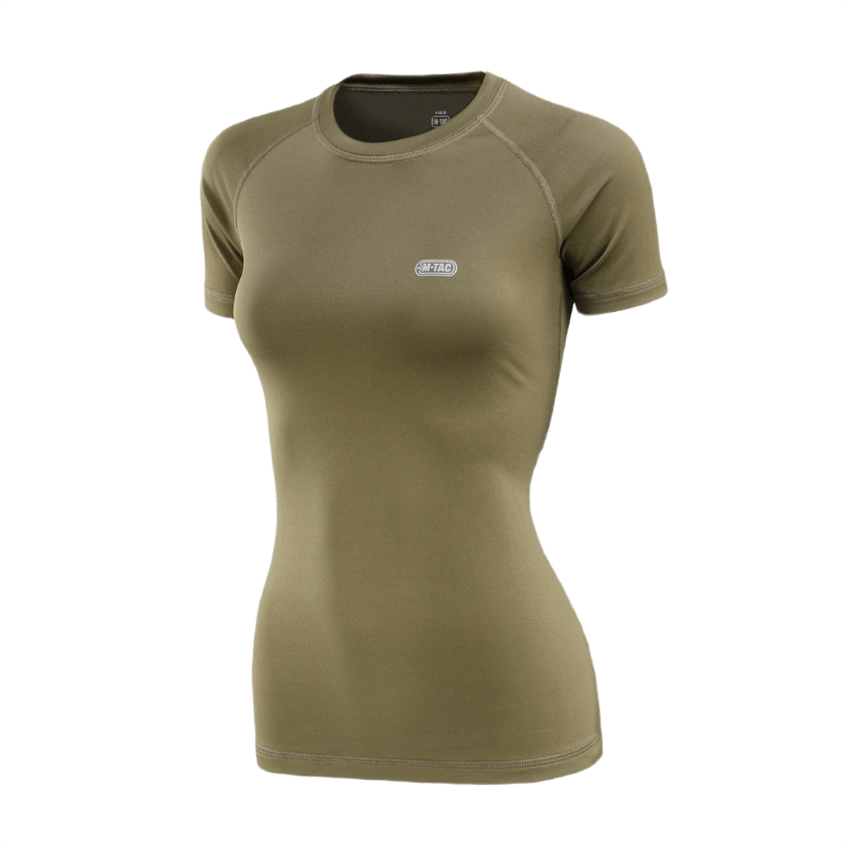 M-Tac T-shirt Ultra Light Polartec Lady i olivenfarve, perfekt til løb og træning, hurtigttørrende Power Dry® materiale, reflekterende logo.
