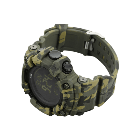 M-Tac Tactical Ur 2037 i camouflagedesign med kompass och LED-bakgrundsbelysning. Hållbar outdoor-klocka, vattentät upp till 5ATM. Idealisk för taktisk användning.